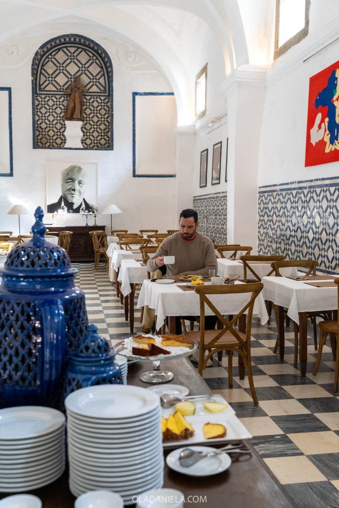 Jorge having breakfast at the Hotel Convento de São Paulo, a tile-filled historic hotel in the Alentejo