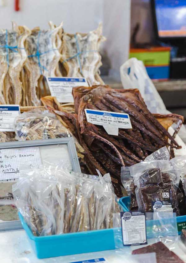 Things to do in Olhão include visit the fish market. These are dried octopus eggs and whole octopus