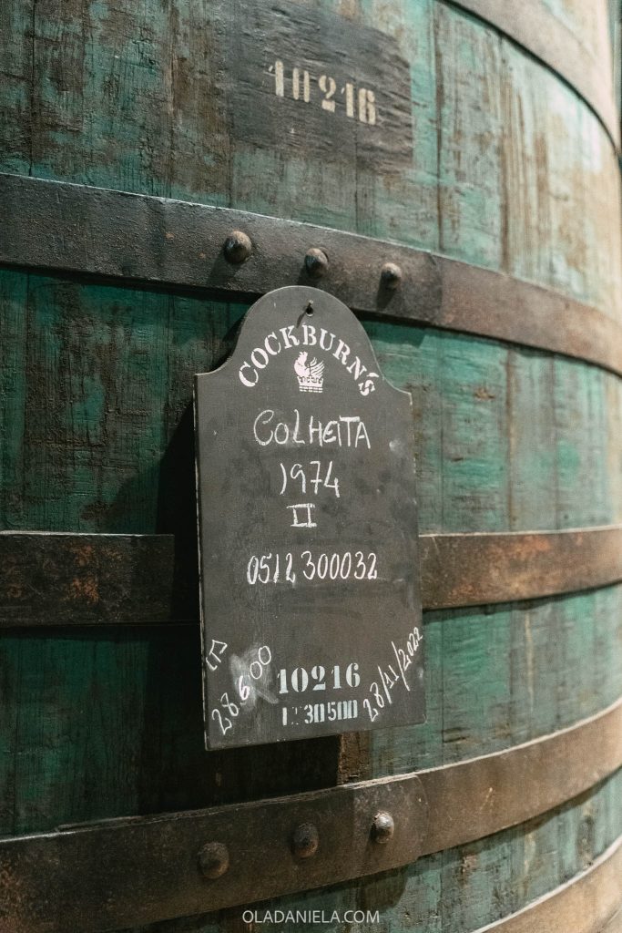 Chalkboard label on a green barrel in the cellars of Cockburn's port wine