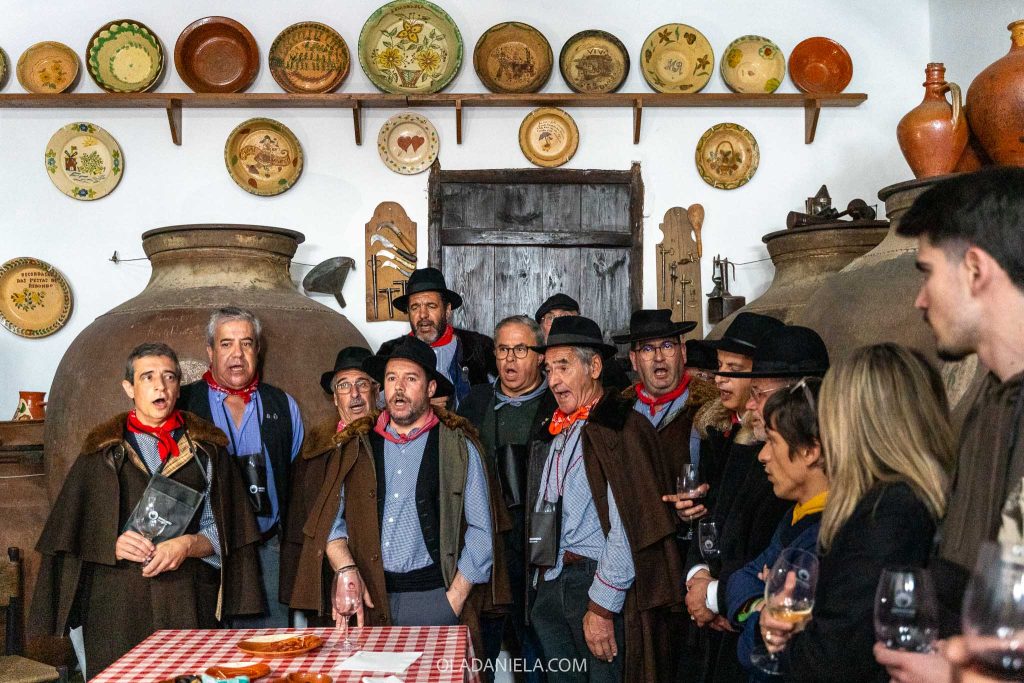 A group of men singing cante Alentejano in a private cellar filled with talhas and ceramics in Redondo, Alentejo